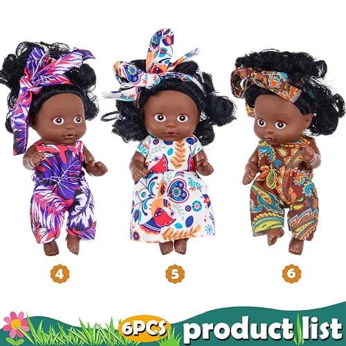 6 Pack 4 Inch African Girl Dolls Set - Black Mini Dolls with Colorful Outfits & Hairbands – Gift for Girls 3-6, 6-12 Educational Toys & Decorative Figures thumbnail 6