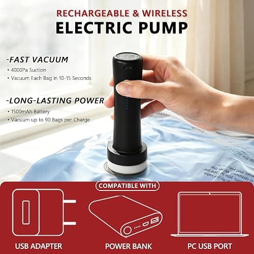 Travel Vacuum Bags for Clothing with Cordless Pump 18 Combo, Clear | Compression Packing Cubes Organizer Storage for Luggage Suitcase, Space Saver Seal Bags for Vacation Cruise thumbnail 5