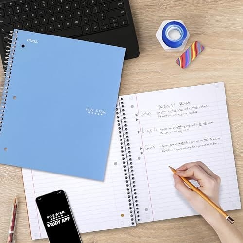 Five Star Spiral Notebook + Study App, 3 Subject, Wide Ruled Paper, 8" x 10-1/2", 150 Sheets, Fights Ink Bleed, Water Resistant Cover, Tidewater Blue (73184) thumbnail 2