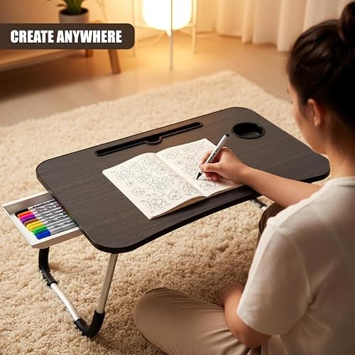 GEEZY Foldable Laptop Table with Drawer - MDF Wood Desk with Cup Holder, Tablet Slot, Anti-Slip Legs - Portable Laptop Desk Tray for Sofa, Bed, Work, Gaming, Eating, TV, Studying, Drawing and Crafts thumbnail 7