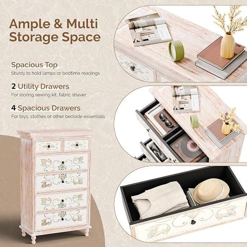 VINGLI Dresser Wood Chest of Drawers for Bedroom, Tall Dresser, Boho Dresser 6 Drawer Chest, Wooden Dresser with Drawers and Solid Wood Legs, Rustic Dresser, Washed White - 15"D x 29.9"W x 46.5"H (6 Drawers) - Washed White thumbnail 5