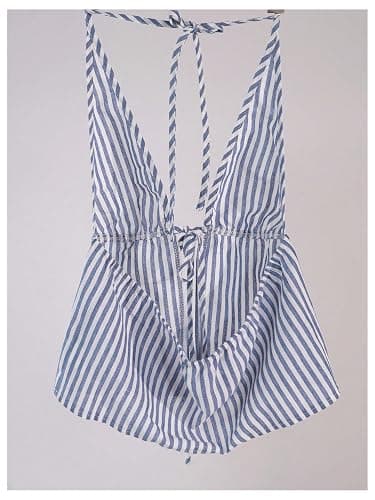 SweatyRocks Women's Striped Tie Front Halter Tops Sleeveless Cami Tops | Sexy, Summer, Backless Tops, Drawstring, Self Tie Front, Blue And White Top thumbnail 3