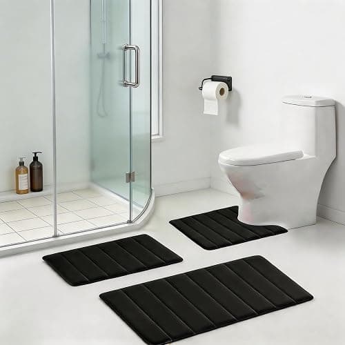Bathroom Rugs Set Memory Foam Bath Rugs Non-Slip Bath Mat Set 3 Piece,Washable Bathroom Mats,Absorbent Shaggy Rugs Super Soft U-Shaped Toilet Rug,Bahroom Carpets for Bathroom,Tub,Shower（Black） thumbnail 2