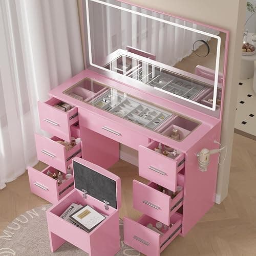 VALONDINO Makeup Vanity Desk with Power Outlet, 46'' Glass Top Vanity Set, 7 Drawers Vanity Table with Cushioned Stool, 3 Lighting Modes Brightness Adjustable,Pink - Glass top-Pink - 46IN - Image 1