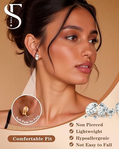 FIBO STEEL 10 Pairs Clip On Earrings for Women Non Pierced Ears CZ Pearl Knot Twist Chunky Hoop and Studs Earring Set Ear Clips Jewelry 14K Gold Plated thumbnail 3