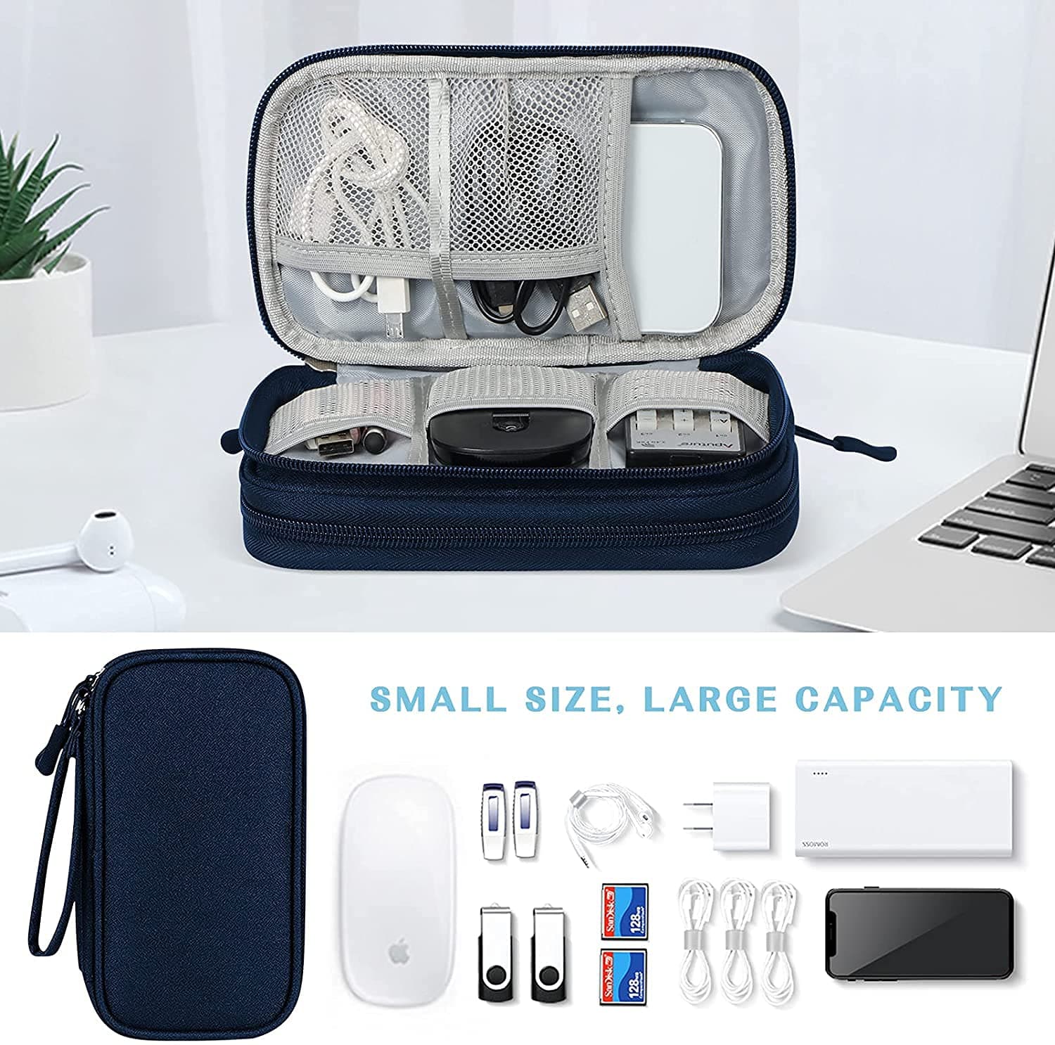 FYY Electronic Organiser - Travel Cable Organizer Bag Pouch Electronic Accessories Carry Case Portable Waterproof Double Layers All-in-One Storage Bag for Cable, Cord, Charger, Phone Navy thumbnail 6
