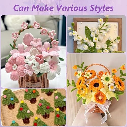 1050 PCS Pipe Cleaner Flower Kit, 15 Assorted Colors Pipe Cleaners Craft,Chenille Stems for DIY Flower Making Kit with Instructions,Floral Wires,Stamen& Ribbon,Art and Craft Supplies thumbnail 6