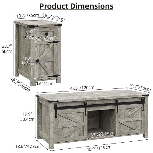 Furnihold Coffee Table Set of 2, Farmhouse Living Room Coffee Table Set, End Table with Charging Station & Drawer and Lift Top Coffee Table with Storage for Home Office, Oak Grey thumbnail 2