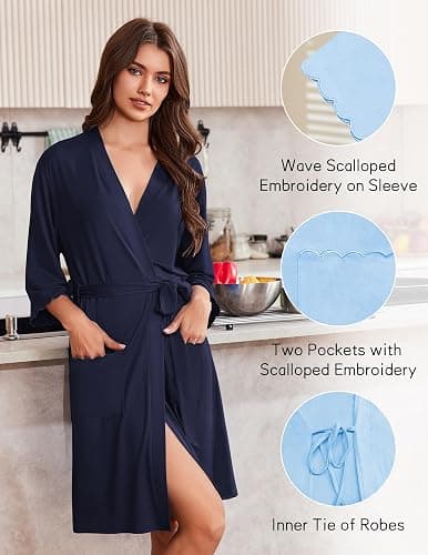 Ekouaer Robes for Women Knee Length Kimono Bathrobe Lightweight 3/4 Sleeve Sleepwear Soft Loungewear with Pockets S-XXL thumbnail 2