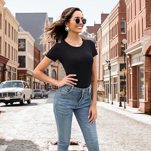 MLYENX 5 Pack Body Suits for Womens Short Sleeve Round Neck Casual Stretchy Basic T Shirt Bodysuit Tops thumbnail 3