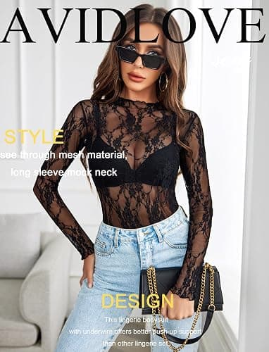 Avidlove Women's Mesh Top Long Sleeve Mock Neck Sheer Blouse See Through Floral Lace Tops thumbnail 8