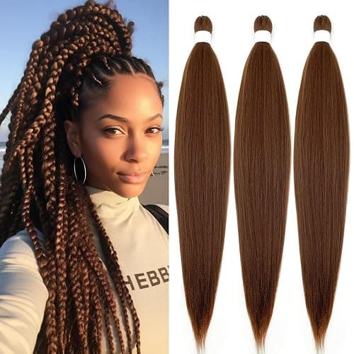 Braiding Hair Pre Stretched for Women, Brown, 20 inch, 3 Packs Boho Braids | Professional Braiding Hair Extension Soft Yaki Texture Hot Water Setting Synthetic Knotless Box Braids Crochet Twist Styles - Image 1