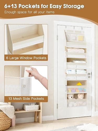 Criusia Over the Door Organizer, 6-Shelf Closet Hanging Storage with 13 Mesh Pockets, 55lbs Capacity Behind the Door Storage for Baby Nursery, Bathroom, Bedroom, and Dorm, Beige thumbnail 5