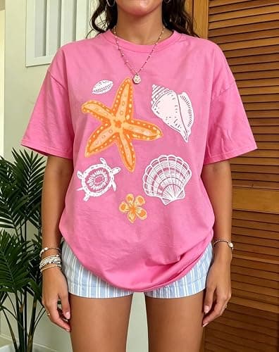 Women Summer Oversized Graphic Tee Shirts Cute Ocean Seashell Aesthetic Short Sleeve Baggy Tee Teen Girls Loose Top thumbnail 2