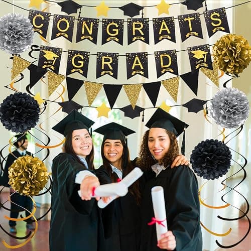 Graduation Decorations for 2026, Congrats Grad Banner and Star Cap Garland, Pennant Banner, Black and Gold Tissue Paper Pompoms, Hanging Swirls, for Graduation Party Decorations thumbnail 2