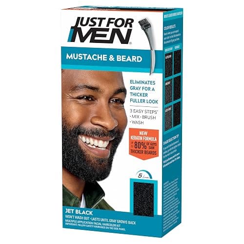 Just For Men Mustache & Beard, Beard Coloring for Gray Hair with Brush, With Keratin Biotin Aloe and Coconut Oil for Healthy Facial Hair - Jet Black, M-60, Pack of 1 (Packaging May Vary) - Image 1