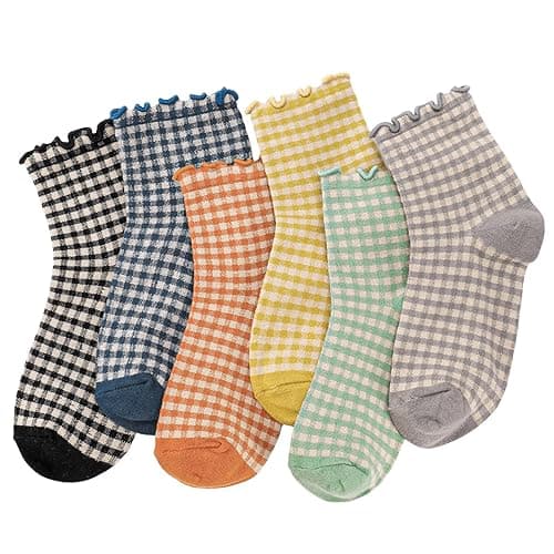 GGSTDDUP 6 Pairs Women Ruffle Socks Striped Frilly Socks, Women Cute Socks Checkered Socks Ankle Socks for Women Cotton Knit Casual Crew Socks Size 5-9 - Image 1