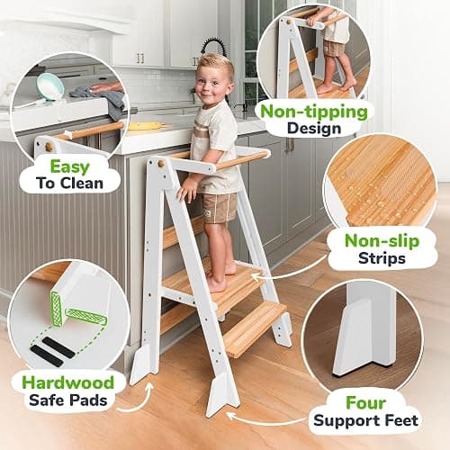 OCODILE Adjustable Foldable Toddler Tower – Folding Tower for Kids | Montessori Toddler Kitchen Step Stool Helper for Independence - White thumbnail 3