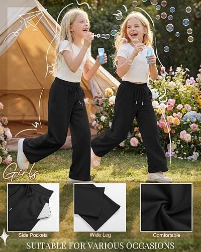 LessonZoo Teen Girls Sweatpants Wide Leg Drawstring Lounge Pants Straight Leg Athletic Trousers with Pockets Size 5-14 thumbnail 5