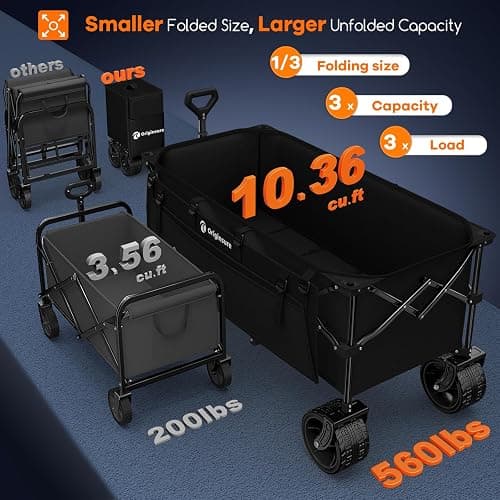 48" L Collapsible Wagon Cart Foldable, 560lbs Weight Capacity 300L Heavy Duty Folding Beach Wagons with Big All-Terrain Wheels, Utility Carts for Groceries, Shopping, Camping, Sports - Black thumbnail 3