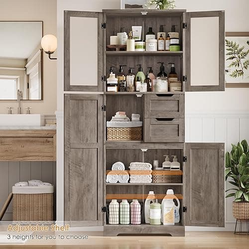BOTLOG 67'' Tall Bathroom Storage Cabinet, Linen Cabinet with Glass Doors and Adjustable Shelves, Kitchen Pantry with 2 Drawers for Bathroom, Living Room, Dining Room, Rustic Grey thumbnail 6