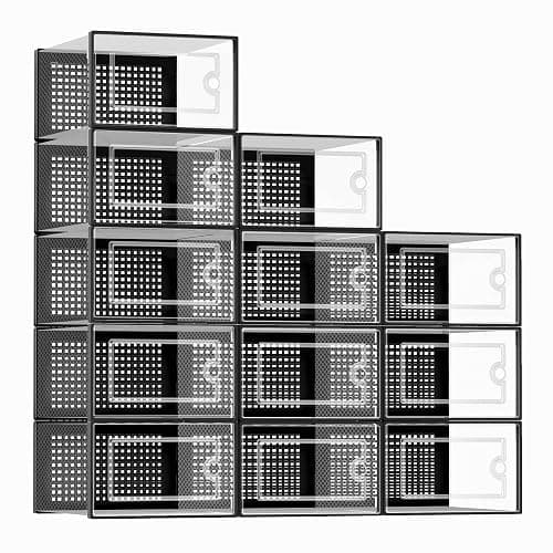 Kuject X-Large Shoe Storage Boxes 12 Pack, Clear Stackable Shoe Organizer | Shoe Case for Closet, Entryway & Under-Bed Storage, Drop-Front Design, Space-Saving Solution for Family Organization,Black - Image 1