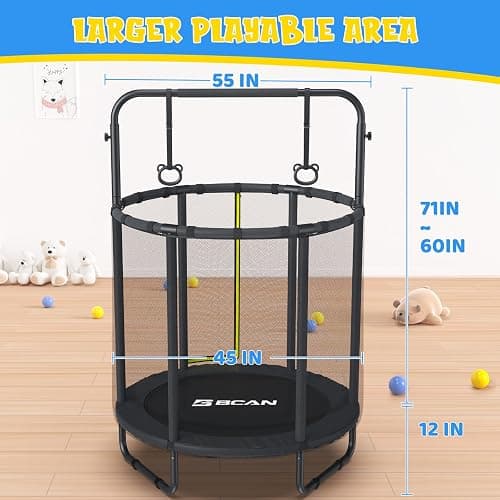 BCAN 60''/55" Mini Trampoline for Ages 1 to 8 Kid, 5FT Toddler Trampoline - Indoor/Outdoor Use with Enclosure Net, Adjustable Gymnastics Bars, Basketball Hoop, Gifts for Boys & Girls - 55IN - 55-BLACK thumbnail 9