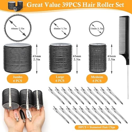 Thrilez 39PCS Hair Curlers Rollers with Clips Black Hair Roller with 3 Sizes 64mm 44mm 33mm, Jumbo Roller with 12PCS Duckbill Clips Hair Rollers for Long Medium Short Thick Fine Volume Bangs - 39PCS thumbnail 3