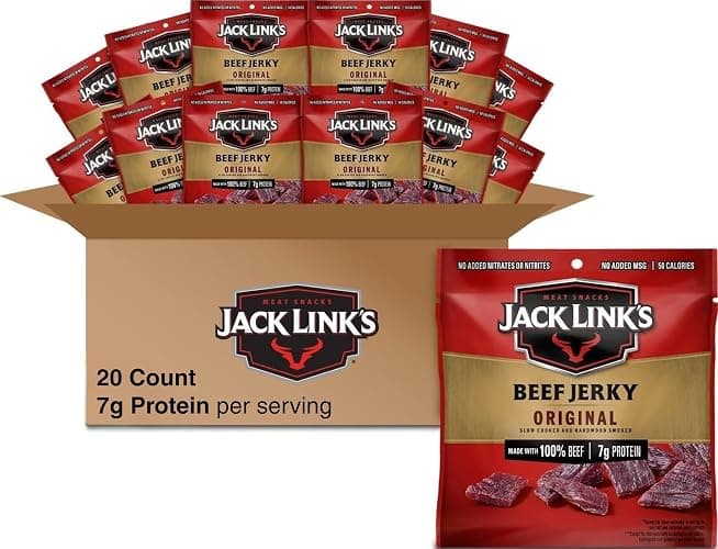 Jack Link's Beef Jerky Multipack - Original - Made with 100% Real Beef - Ready to Eat Real Meat Protein Snacks - 7g Protein per Serving - 0.625 oz Bags (20 Pack) - Image 1
