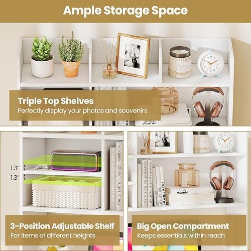Tangkula Desktop Bookshelf for Computer Up to 32”, 37” Countertop Storage Hutch with 6 Storage Shelves, 3-Tier Desktop Organizer Display Rack, Wooden Desk Hutch for Dorm Home Office (White) thumbnail 7