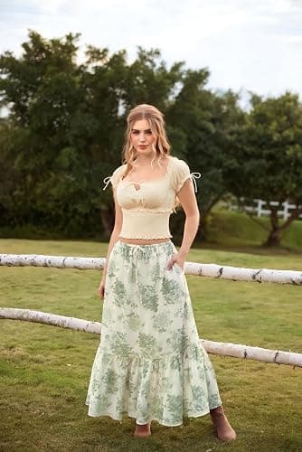 Scarlet Darkness Floral Maxi Skirts for Women 2026 Summer Flowy Ruffle Long Skirt with Pokets thumbnail 5