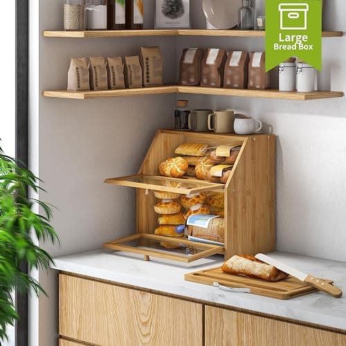 BMOSU Bread Box with Cutting Board Kitchen Bread Storage Organizer Farmhouse Countertop Double Bamboo Wood Bread Box(Natural) thumbnail 2