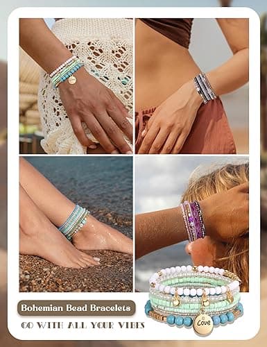 LOYALLOOK 6 Sets Bohemian Stackable Bead Bracelets for Women Stretch Bohemian Style Stretch Multilayered Boho Bracelet Set thumbnail 5