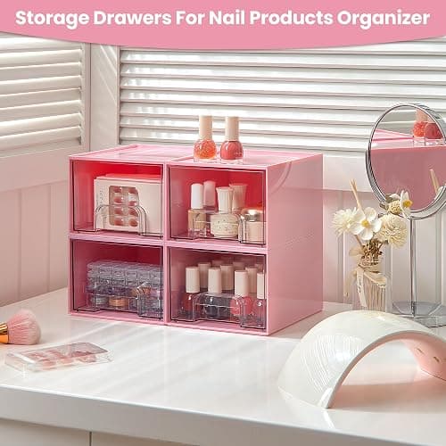 Vtopmart 4Pack Small Stackable Storage Drawers, Bathroom Makeup Organizer,Plastic Storage Bins For Vanity, Undersink, Kitchen Cabinet, Pantry, Home Organization(Pink) thumbnail 4