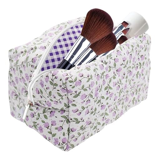 dark swan Cotton Quilted Makeup Bag, Cute Pouch Toiletry Bag Cosmetic Bag Quilted Floral Organizer Bag Travel Coquette Aesthetic Portable Storage Zipper Purse for Women (Purple) - Image 1