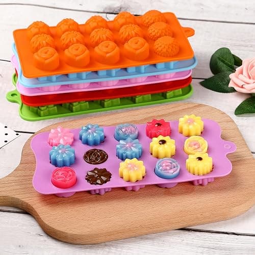 FIRETREESILVERFLOWER Flower Shape Chocolate Candy Molds Set,Heart,The stars,The rose,Flowers in Combination,15 Cavity Silicone Baking Mold Ice Cube Tray-Wedding,Festival,Parties and DIY Crafts-(6Pcs) thumbnail 5