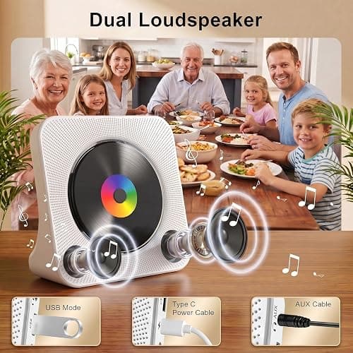 Gueray CD Player Portable Bluetooth Desktop CD Player for Home with Timer Built-in HiFi Speakers with LCD Screen Display Boombox FM Radio USB Type-c (White) thumbnail 4