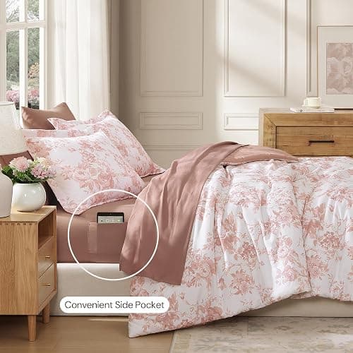 BLOOMHAVEN Queen Comforter Set -7 Pieces Pink Floral Comforter Set thumbnail 3