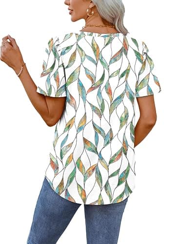OFEEFAN T Shirts for Women V Neck Dressy Casual Blouses Puff Short Sleeve Summer Tops Loose Fit thumbnail 5