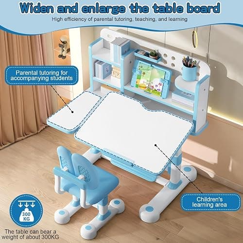 Kids Study Desk And Chair Set, Height Adjustable Children's Study Desk And Chair Set Toddler Learning Table and Stool Set with Bookshelf Storage Drawer 50-Degree Tiltable Desktop for Bedroom Blue thumbnail 4