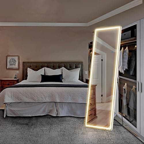Sweetcrispy 64"x21" Full Length Standing Mirror with LED Lights, Lighted Floor Mirror with Stand, Aluminum Alloy Thin Frame, White thumbnail 8