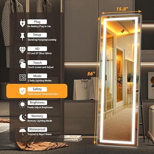 Hasipu Full Length Mirror with Lights, 56" x 15.8" LED Floor Mirror, Full Body Dressing Standing, Hanging Mounted Mirror for Living Room Bedroom Cloakroom, Square Black thumbnail 3