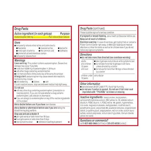 Tylenol Extra Strength Acetaminophen Rapid Release Gels, Extra Strength Pain Reliever & Fever Reducer, Gelcaps with Laser-Drilled Holes, 500 mg Acetaminophen, 100 ct - 100 Count (Pack of 1) thumbnail 8