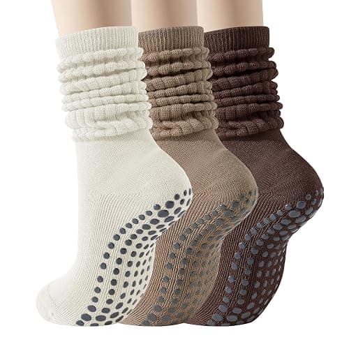 TOAMOUR Pilates Socks with Grips for Women Non Slip Yoga Socks 3 Pairs Long Scrunch Socks Barre Gym Crew Socks - Image 1