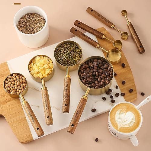 8Pcs Measuring Cups and Spoons Set - Golden Stainless Steel Measuring Cups with Wooden Handle, Metal Measuring Spoons Set Nesting Kitchen Measure Set for Kitchen/Food/Baking (8Pcs Wooden Handle) thumbnail 2