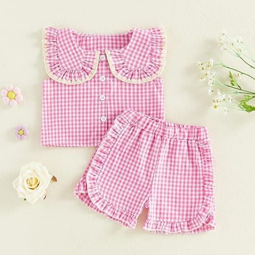 Barbotimer ​Baby Girl Clothes Summer Vintage Gingham Outfit Doll Collar Button Down Sleeveless Tank Shirt Ruffle Shorts Cute 2Pcs Toddler Kid Spring Summer Clothing Set thumbnail 7