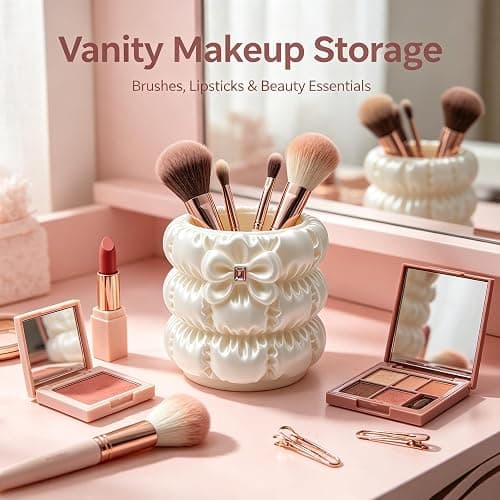 Cute Bow Makeup Brush Holder Coquette Pearl White Vanity Pen Cup Organizer | Clean Girl Aesthetic Vanity Cup,4" Space-Saving Desktop Caddy,Satin Luster Texture,Aesthetic Cosmetics Brush Holder thumbnail 6