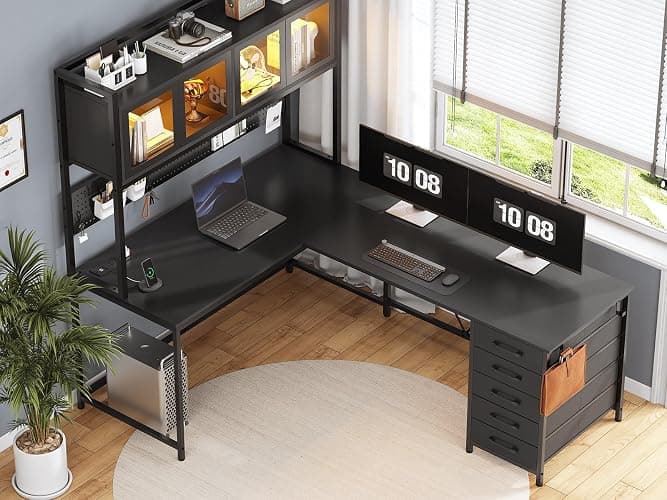 SEDETA L Shaped Gaming Desk with Drawers, L Shaped Computer Desk with Hutch and Storage Shelves, Gaming Desk with Pegboard, Led Lights, and Power Outlet, Home Office Desk, Corner Desk, Black thumbnail 8