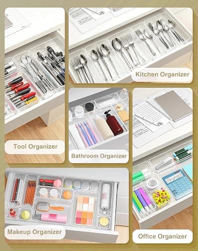 VEXTHYX 15Pcs Clear Plastic Drawer Organizers Set, 4size makeup drawer organizer trays for vanity/desk/bathroom/office/nightstand/gadgets for kitchen/desk drawer, Versatile drawer divider storage bins thumbnail 5