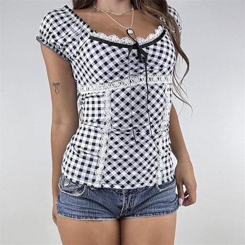 VnimVinter Women Fairy Grunge Y2k Shirt Vintage Short Sleeve 2000s Fairycore Aesthetic Crop Top E-Girl Streetwear thumbnail 7